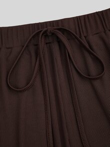 Sweetra Women's Autumn/Winter Brown Ribbed Knit Metal Starfish Decor Twisted Short Sleeve Slim Fit Top + Straight Leg Pants 2-Piece Set, Casual Cute Versatile For Outings, Dates And Daily Wear - Brown - View 12