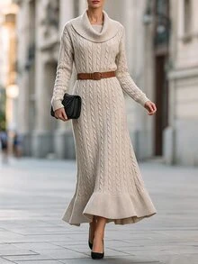 SHEIN Franclia Gaun Rajut Elegan Lengan Panjang Leher Tinggi untuk Wanita - Aprikot - View 5