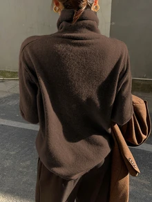 DAZY Women's Solid Color High Neck Dropped Shoulder Long Sleeve Casual Sweater - Brown - View 2