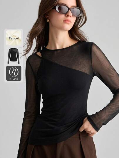 Ontre Vintage White Comfortable Skin-Friendly Premium Fabric Fitted Cut Round Neck Beige Shoulder Long Sleeve Hollow Neckline Sexy Design Modern Vacation Beach Old Money Style High-End Cruise Wear Minimalist Luxury Texture Essential Outfit Fashion Business Casual Urban Women's Clothing Office Wear Urban Commute High-Quality Airport Women's Clothing All-Season Versatile Vacation Themed Series Women's T-Shirt