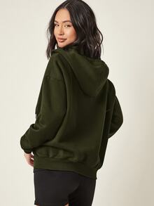 SHEIN BASICS 舒適抓絨落肩拉鍊連帽衛衣，秋冬長袖上衣 - 軍綠色 - 查看 3