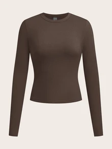 SHEIN BASICS 休閒純色針織圓領長袖修身女款T恤，日常上學穿搭，咖啡棕，秋季 - 咖啡棕 - 查看 1