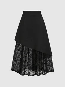 Sweetra Women's New Suede Fabric Contrast Lace Skirt With Asymmetrical Black Hem, One-Piece Button Adjustable Waist Design, Suitable For Dating, Shopping, Party, Dinner, Commuting, Campus Wear, Skirt - Black - View 2
