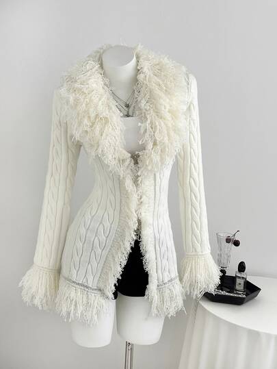 Elamini Women's French Style Cable Knit Cardigan With Tassel Decoration