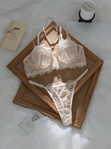 SHEIN 2件組玫瑰紅成熟性感風蕾絲拼接內衣套裝 - 杏色 - 查看 5