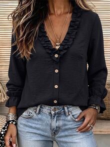 LUMIGAL Women's Spring/Autumn Patchwork Ruffle Hem Solid Color Fashion Elegant Boho Casual Blouse Everyday Travel Black - Black - View 5