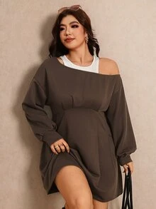 Elaquor 大尺碼時尚不對稱單肩拼色二合一洋裝 - 咖啡棕 - 查看 3