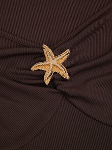 Sweetra Women's Autumn/Winter Brown Ribbed Knit Metal Starfish Decor Twisted Short Sleeve Slim Fit Top + Straight Leg Pants 2-Piece Set, Casual Cute Versatile For Outings, Dates And Daily Wear - Brown - View 13