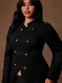 Rustia Plus Size Women's Napoleon Jacket Black Casual Early Autumn Fall - Black - View 2