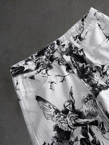 ROMWE MEN American Cool Retro Sketch Statue All-Over Print Wide Leg Denim Jeans Unisex High Street Angel Portrait Print Washed Soft All-Season Versatile Denim Pants - Multicolor - View 2