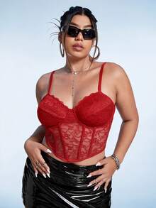SHEIN ICON 黑色束腰大碼蕾絲細肩帶背心上衣 - 紅色 - 查看 9