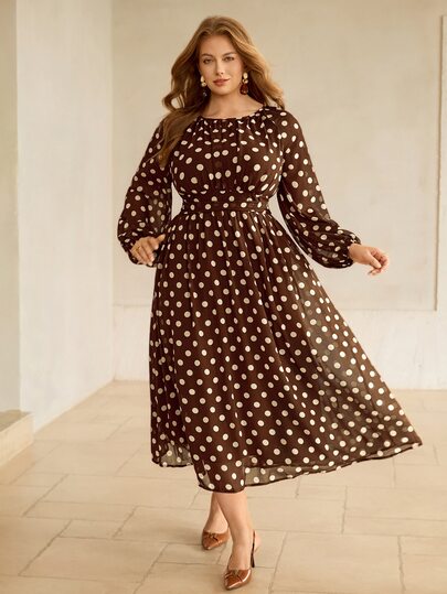 Roveilla Plus Size Women's Spring/Autumn/Winter French Chic Luxury Elegant Minimalist High-End Design Casual Bohemian Vacation Commute Comfortable Chiffon Polka Dot Print Round Neck Waist Gathered Back Elastic Waist Cinched Umbrella Hem Lined Long Dress
