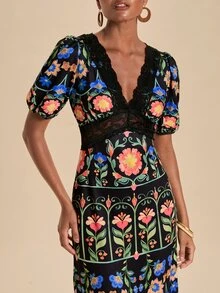 Travachic Women's Contrast Lace Floral Pattern Short Petal Sleeve Elegant Dress - Multicolor - View 7