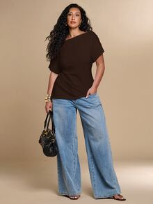 SHEIN BAE CURVE 大尺碼女款純色休閒百搭日常穿著上衣 - 摩卡棕 - 查看 4