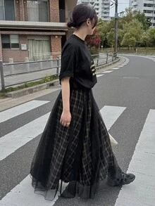 Dazy Tall Women's Plaid Mesh Patchwork Long Street Casual Skirt - Black - View 2