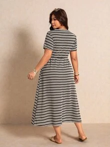 Elaquor Plus Size Casual Striped Vacation Dress - Brown - View 2