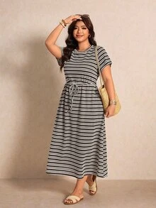 Elaquor Plus Size Casual Striped Vacation Dress - Brown - View 3