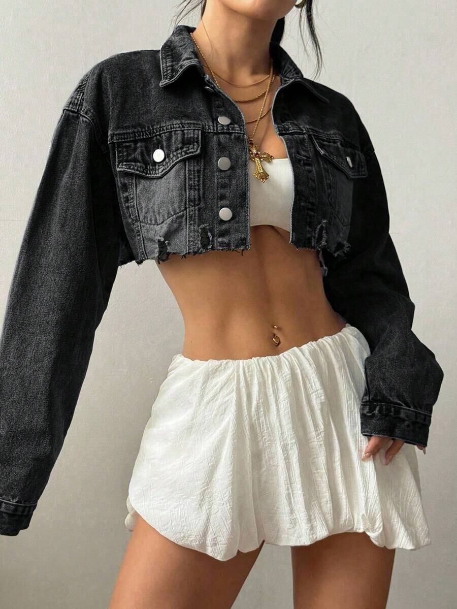 Jeanoix Plus Size Outdoor Fashion Distressed Raw Hem Pocket Cropped Black Denim Jacket - Black - View 1