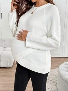 SHEIN 孕婦純色休閒大肚友好浪漫百搭日常穿著長袖針織衫 秋季拍照 正式白色居家服 嬰兒洗禮 - 白色 - 查看 1