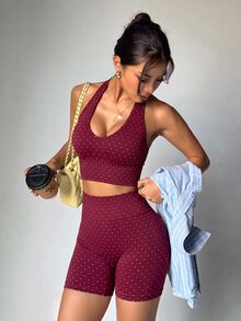 Slayform Women's Polka Dot Print Halter Neck Tank Top And Shorts Sports Set - Burgundy - View 6