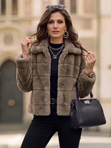 EMERY ROSE Mantel Bulu Imitasi Wanita Lengan Panjang Warna Polos dengan Kerah - Khaki - View 4