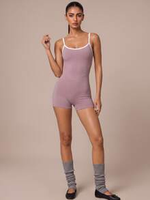SHEIN BAE Women Lilac Spaghetti Strap Athletic Romper Gym Workout Training Running Yoga Sports Bodysuit - Baby Pink - View 4