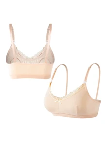 Moonlight&Mama Maternity Solid Color Contrast Lace Bow Decor Comfortable Bra - Apricot - View 3