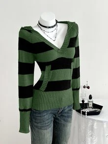 Elamini Women's Versatile Colorblock Striped Hoodie Sweater - Multicolor - View 2