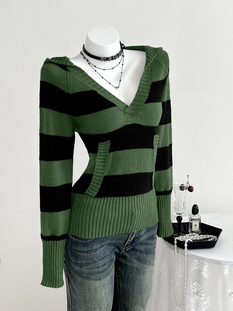Elamini Women's Versatile Colorblock Striped Hoodie Sweater