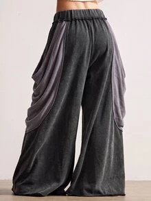 Bohemela 休閒針織拼色寬鬆寬腿水洗女款長褲 - 黑色 - 查看 4