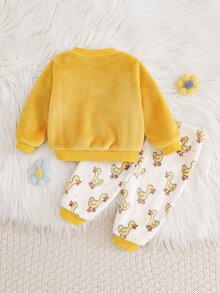 Cozy Pixies 2件組新生兒嬰兒休閒日常可愛圖案舒適刺繡毛絨圓領套頭長袖睡衣秋冬長褲家居服套裝 - 黃色 - 查看 2