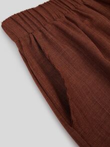 Linhara CURVE Plus Size Women Spring/Autumn Solid Color Faux Linen Open Front Button-Up Double Pocket Casual Elegant Commute Blazer + Elastic Waist Pocket Loose Long Pants Music Festival Club 2-Piece Set - Brown - View 7