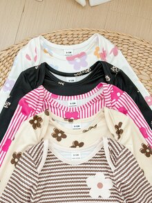 SHEIN (10件組，隨機獲取5組)女嬰可愛針織花卉與條紋圖案長袖秋季連身衣套裝 - 彩色 - 查看 4