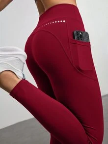 SHEIN With My Calm 女款高腰口袋休閒日常旅行運動緊身內搭褲 - 酒紅色 - 查看 1