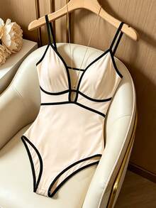 Franclia Knitted High Elasticity Spaghetti Strap Slim Fit Elegant Commute Women Plus Size Jumpsuit - Apricot - View 5
