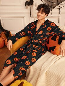 Provexi Provexi Autumn/Winter New Men's Halloween Pumpkin Head Print Flannel Hooded Robe, Loose Tie Waist With Pockets, Long Length Home Bathrobe - Multicolor - View 7