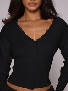 MUSERA كارديجان أسود محبوك مزين بالدانتيل بياقة على شكل حرف V وأكمام طويلة للخريف والشتاء والكريسماس والعودة إلى المدرسة والغداء والعمل - الأسود - مشاهدة 6