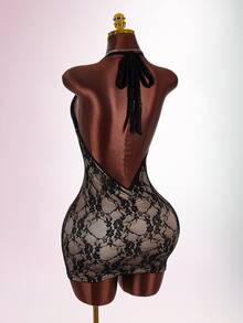 Amplova Gaun Mini Bodycon Renda Dua Warna dengan Kawat Penyangga, Desain Punggung Terbuka Berkerut, Gaya Y2K Seksi untuk Wanita - Hitam - View 1