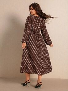 Elaquor Plus Size Women's Polka Dot Casual Party Dress - Brown - View 2