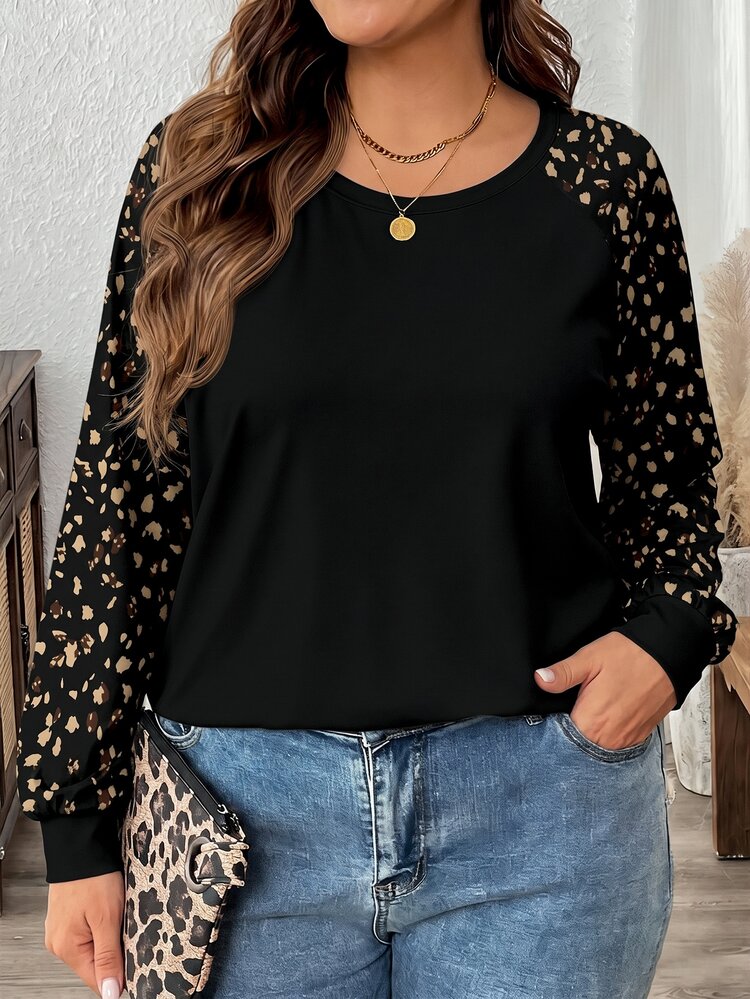 SHEIN VCAY Plus Size Women's Casual Raglan Sleeve Round Neck Loose Fit T-Shirt, Suitable For Spring And Autumn - Multicolor - View 6