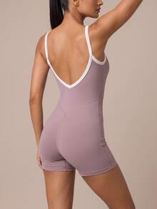 SHEIN BAE Women Lilac Spaghetti Strap Athletic Romper Gym Workout Training Running Yoga Sports Bodysuit - Baby Pink - View 2