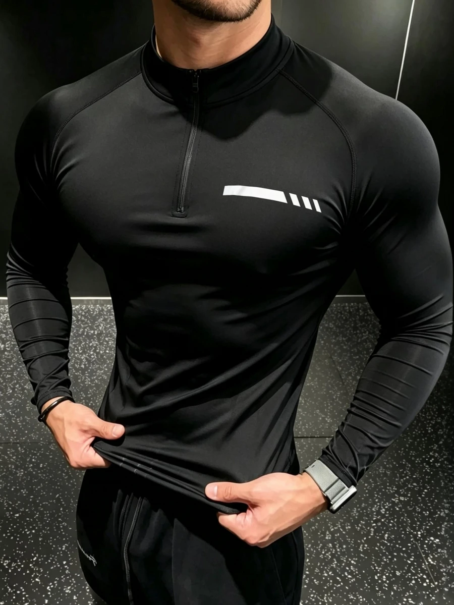 GymBeat Men's Geometric Print Raglan Long Sleeve Slim Fit Sports T-Shirt, Gym - Black - View 1