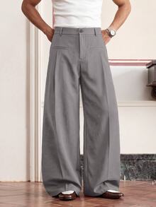 SWAVVY Men's Solid Color Pleated Wide Leg Loose Casual Versatile Long Pants - Grey - View 4