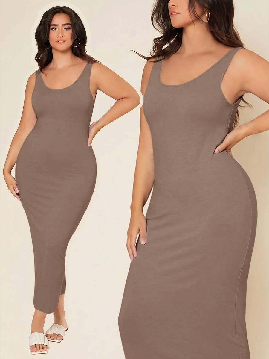 SHEIN BASICS 大尺碼純色修身休閒晚餐約會洋裝 夏季女款優雅連身裙 - 巧克力棕 - 查看 1