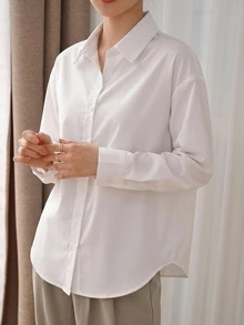 DAZY Casual Versatile Solid Color Long Sleeve Shirt - White - View 3