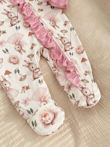 SHEIN Newborn Baby Cute Rabbit Print Ruffle Trim Romper Loungewear - Pink - View 4
