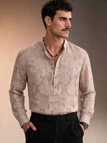 ZURIURI Men's Luxury Minimalist Floral Cut Button Half-Placket Shirt - Apricot - View 5