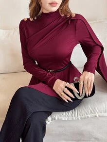 Feyla New Design Asymmetrical High Neck Slim Fit Fashion Ribbon Versatile Long Sleeve Top - Burgundy - View 4