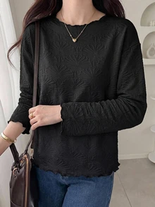FRIFUL 女款波浪荷葉邊條紋配色邊寬鬆短袖T恤，夏季休閒上衣 - 黑色 - 查看 7