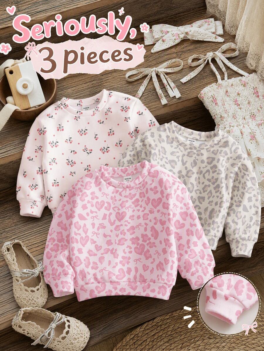 SHEIN 秋冬款 3件套!少女休閒趣味淺色豹紋+花卉圖案,厚實柔軟舒適圓領套頭運動衫,多件裝女童服飾,Y2K、可愛風、派對、日常、度假、可愛舒適 - 彩色 - 查看 1